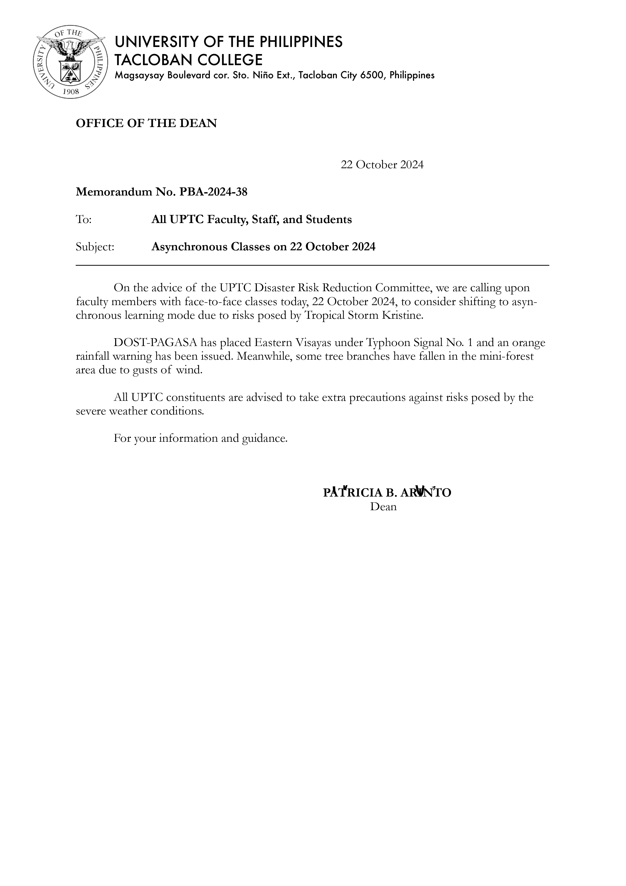 Memo No. PBA-2024-38 – Asynchronous Classes on 22 October 2024