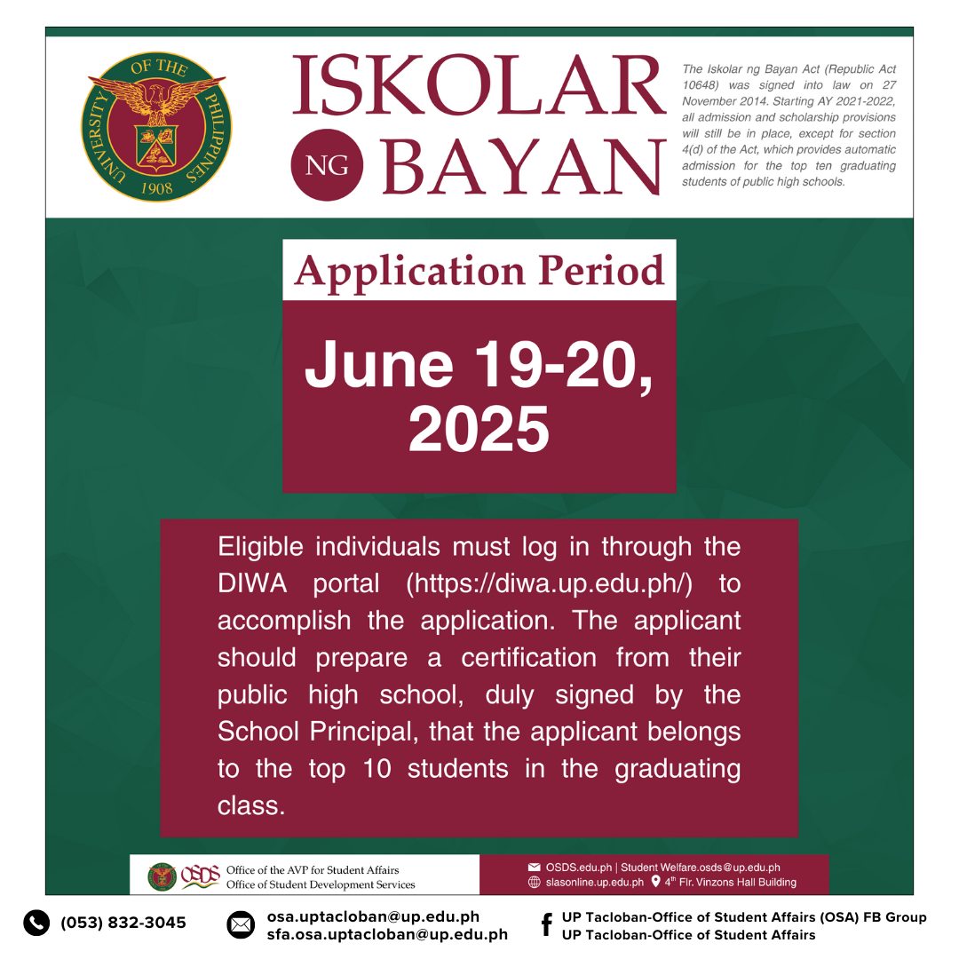 The application for the Iskolar ng Bayan Program is now OPEN.