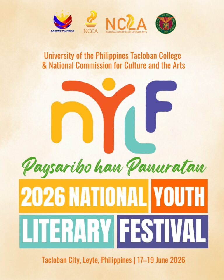An official poster for the "2026 National Youth Literary Festival" features the colorful acronym "NYLF" and the text "Pagsaribo han Panuratan." The poster lists Tacloban City, Leyte, and the dates June 17–19, 2026, alongside institutional logos at the top.