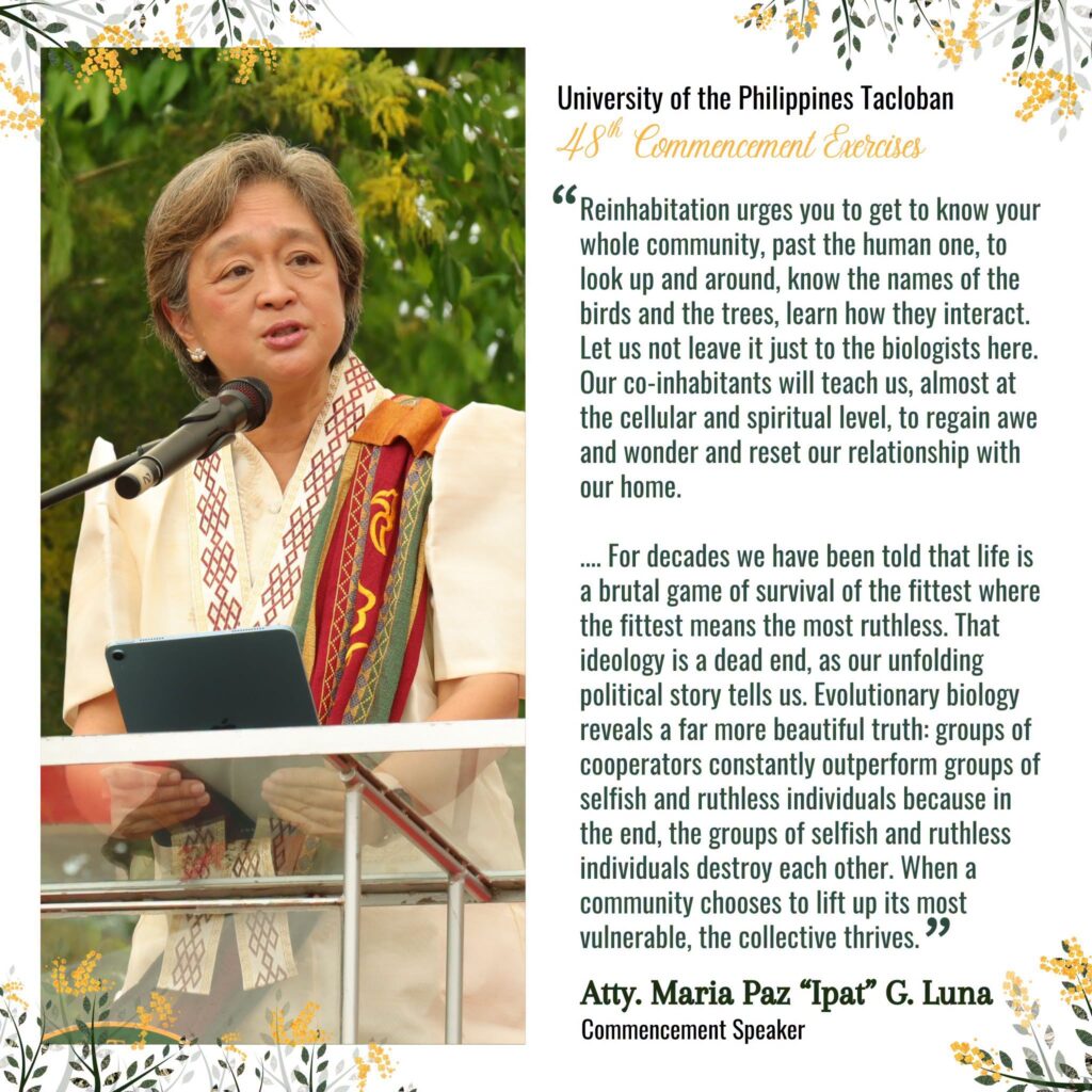 A quote graphic from the UP Tacloban 48th Commencement Exercises featuring a photo of commencement speaker Atty. Maria Paz "Ipat" G. Luna at the podium alongside highlighted excerpts from her address on community and cooperation.