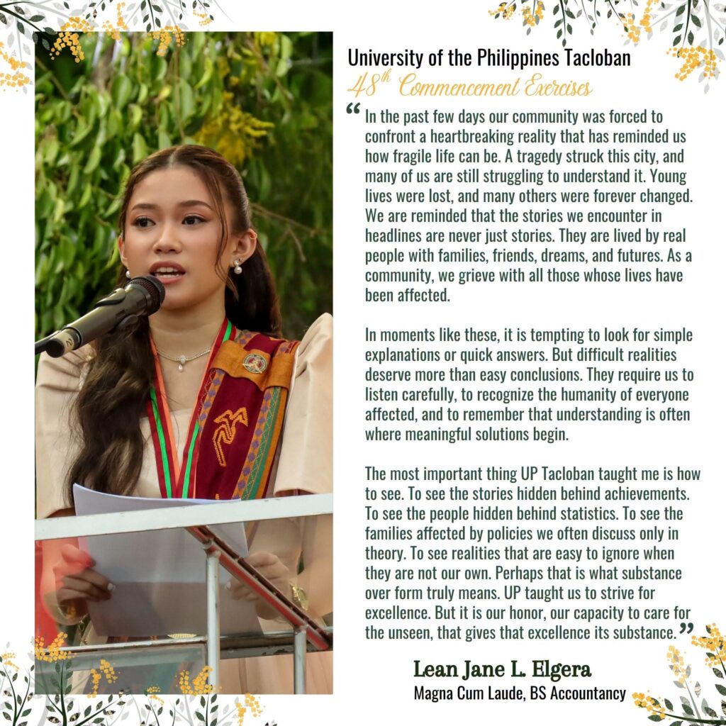 A quote graphic from the UP Tacloban 48th Commencement Exercises featuring a photo of valedictorian Lean Jane L. Elgera speaking at the podium alongside text excerpts from her valedictory address on empathy, community grief, and the true meaning of excellence.